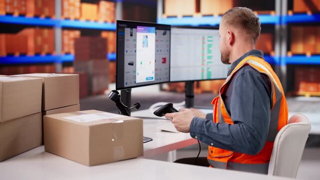Warehouse Worker Scanning Barcode Labels On Parcels