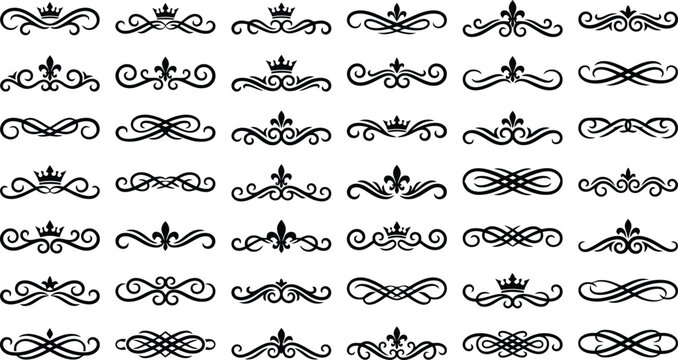 Elegant vintage swirl ornament collection. Features decorative flourishes, royal crowns, and fleur-de-lis motifs. Classic vector design elements for invitations, certificates, and borders.