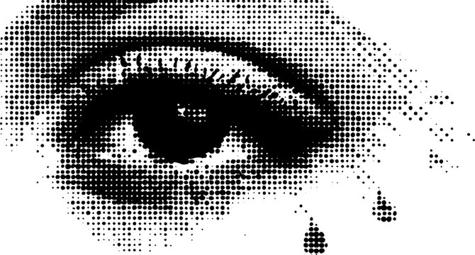 Pop art comic eye with teardrop in black and white halftone style for creative designs