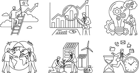 Fototapeta premium Line art vector set of business concepts including global trade, green energy and time management