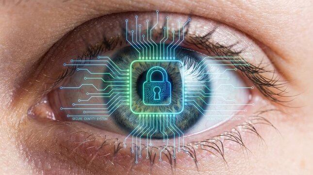 Close-up of an eye digital code concept. Close-up of an eye with a digital lock symbol overlay.