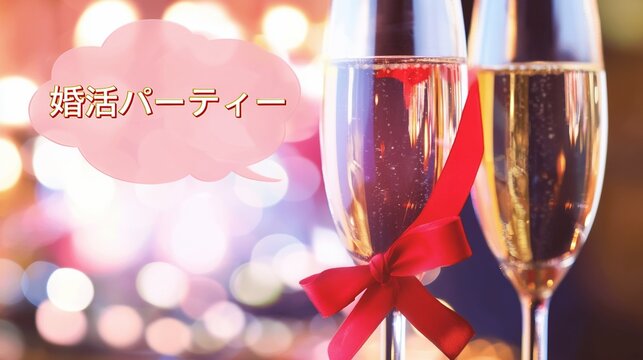 華やかな背景と「婚活パーティー」の吹き出し、出会いの風景