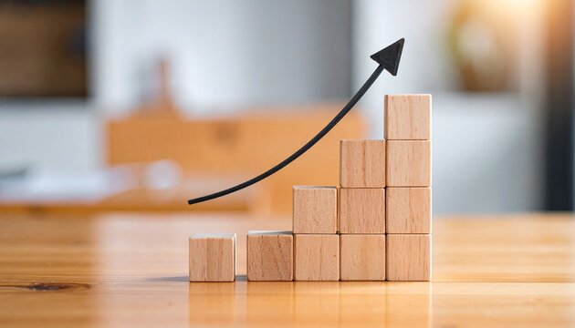 Wooden blocks forming staircase with upward arrow, symbolizing growth and success.