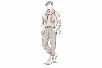 Fototapeta premium Fashion sketch of a person in a beige blazer, grey t-shirt, and beige trousers