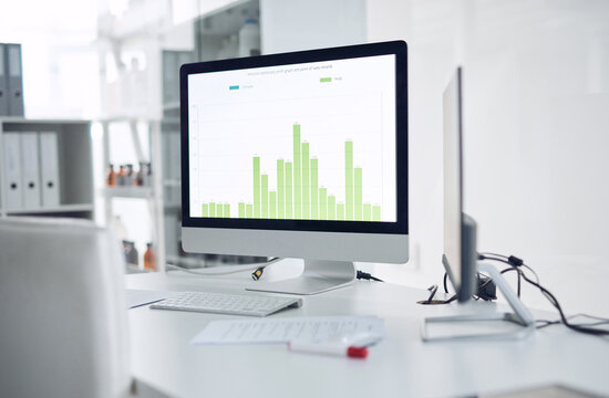 Science, lab and computer screen with graphs for online research, clinical trial results and medical report. Healthcare, empty and pc with statistics, chart and biotech for pharmaceutical study