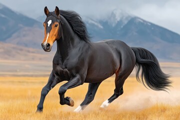 Obraz premium Majestic black Friesian horse galloping across golden field with flowing mane and tail