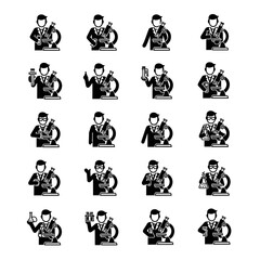 Fototapeta premium Science Research Icon Set Featuring Male Scientists Working with Microscopes and Laboratory Equipment in Minimalist Style
