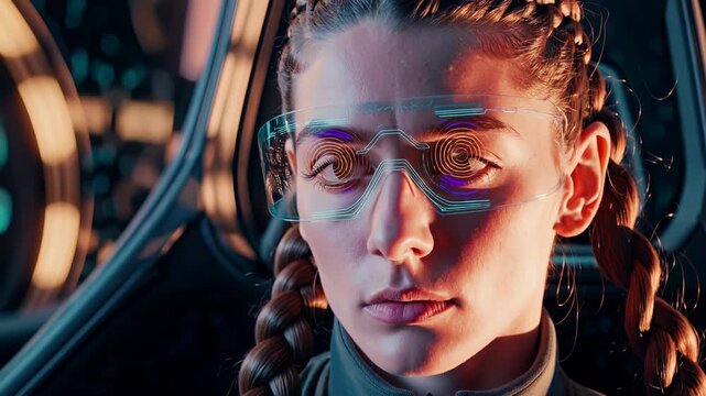 face framed by braid and hair. eye looks straight in portrait. makeup sculpts cheek and brow. jacket zipper fastened over seat. light sculpts contour and casts reflection on skin. hairline sheen.