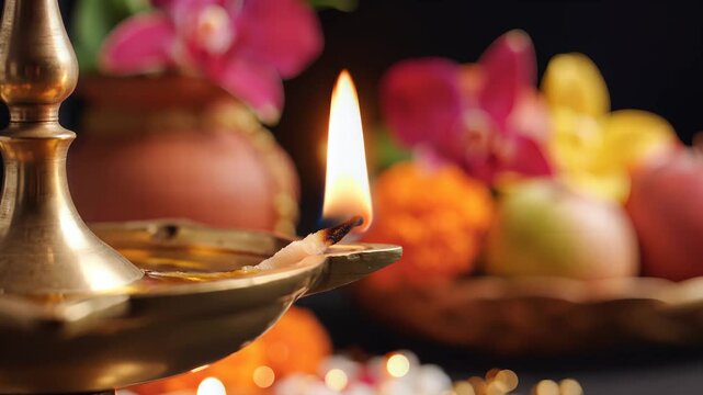 Bihu Traditional Brass Diya Lamp Lit for Festive Celebration