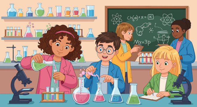 Children in a science lab conducting experiments with microscopes and beakers, learning about chemistry and biology.