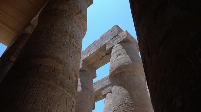 Luxor, Egypt -MARCH 10, 2026: Ancient egyptian hieroglyphs carved on karnak temple columns