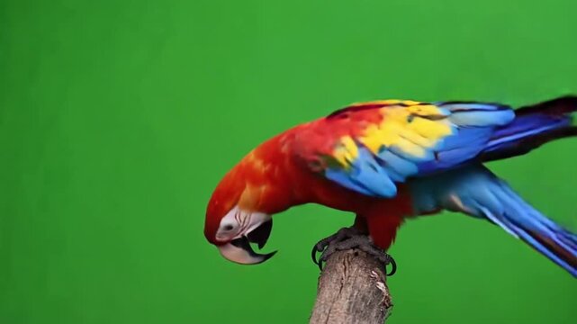 A vibrant parrot perches on a branch against a green background in this colorful video