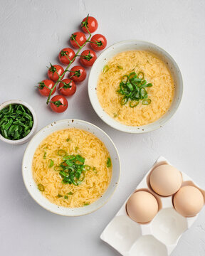 Chinese egg drop soup, asian food, top view
