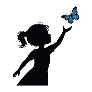 Vector of a young girl reaching out to a blue butterfly in the air