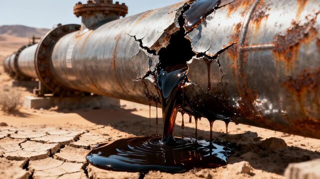 Rusted Pipeline Leaking Oil Environmental Hazard from Industrial Neglect on Cracked Ground in Dry Landscape Showcasing Damage and Decay