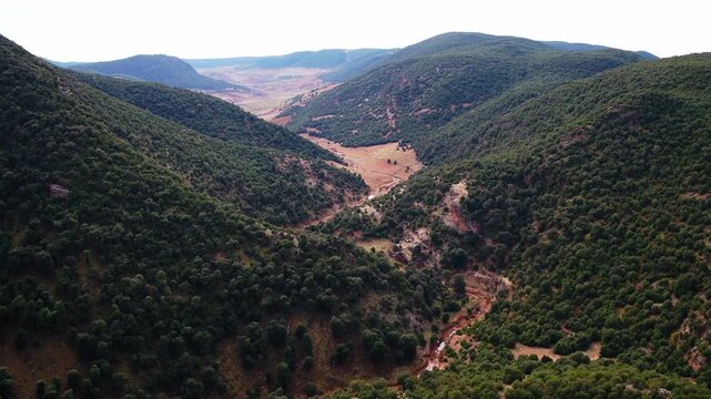 Drone view of a wide mountain valley covered with forests and natural vegetation in the Middle Atlas Mountains, showcasing remote Moroccan wilderness.