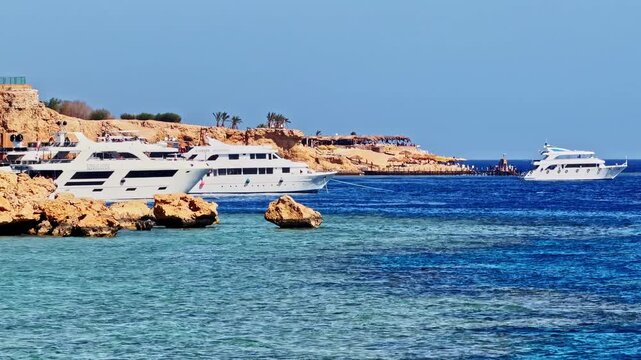 Luxury yachts anchored in port of Sharm El Sheikh, Egypt coastline sunlit, calm ocean backwash