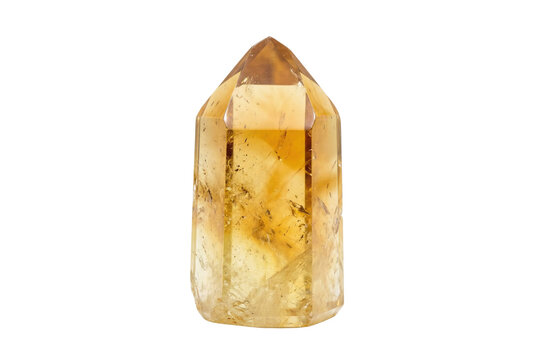 Polished Citrine Quartz Crystal Point, Yellow-Orange Gemstone, Faceted Mineral Specimen, isolated on white