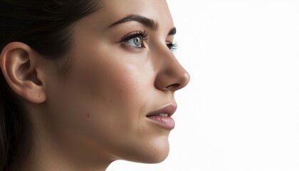 Obraz premium A woman is gazing thoughtfully to the side, showcasing her profile. The woman's features are soft and well-defined under natural lighting.