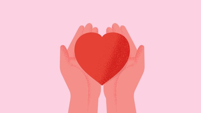 Hands holding red heart symbol with grain texture artistic style.