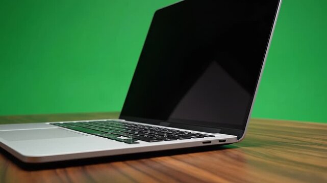 Laptop on wooden table with green screen background 4k Video