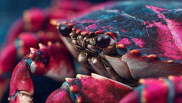 Blue swimming crab illustration with detailed anatomical features and paddle legs in dynamic diagonal composition.
