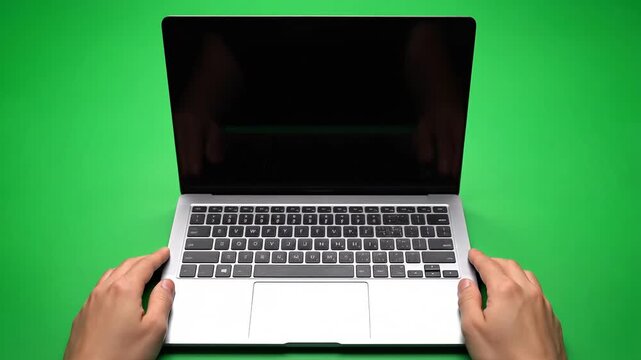 Hands on laptop keyboard on green background 4k Video