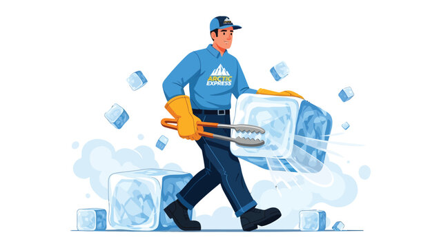 Ice Delivery: A man is diligently carrying a large ice block, gripped securely with tongs, as if delivering refreshment. A visual of the worker bringing in coolness.