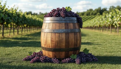 Naklejka premium A wooden barrel is filled with ripe grapes, surrounded by scattered grapes on the grass. The vineyard backdrop features rows of grapevines under a clear sky.