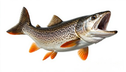 Fototapeta premium The fish is a brown trout with distinct patterns. This brown trout features a wide mouth and vibrant orange fins, illustrating its vivid aquatic characteristics.
