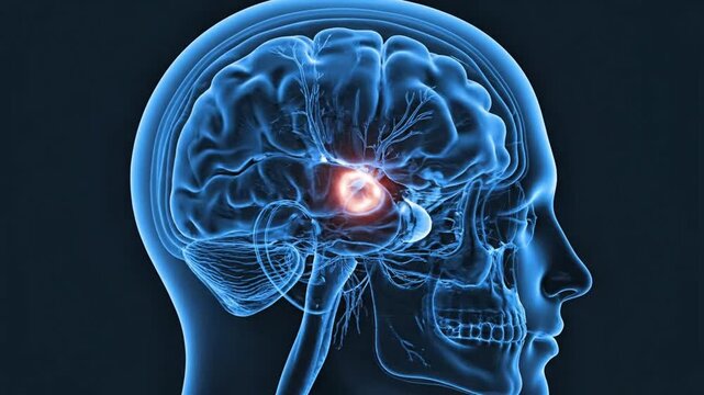 Ultra-detailed 4K animation of a transparent human head with animated MRI scanning waves passing through, revealing internal brain structures layer by layer, 