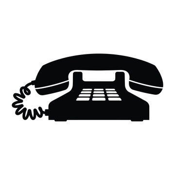 A black rotary phone on a white background.