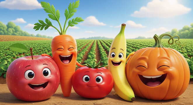 happy halloween pumpkin cartoon fruits, vegetables and a farm