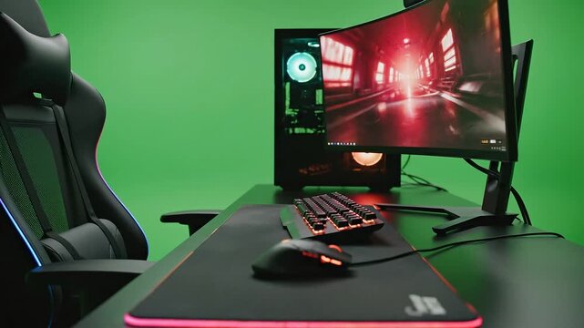 Gaming desk setup with computer, keyboard, mouse and chair 4k Video