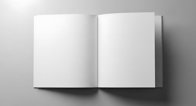 A grayscale image of an open book with blank pages on a gray surface with shadows