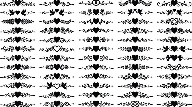 Collection of Decorative Black Heart and Floral Flourish Borders and Dividers Keywords: heart, floral, flourish, border, divider, ornament, swirl, vine, leaf, rose, cupid, dove, love, romantic