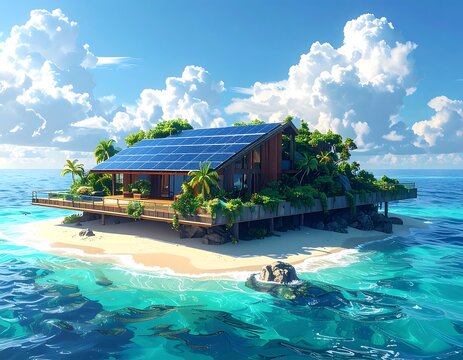 An idyllic island home showcases solar panels on its roof, surrounded by lush vegetation and crystal-clear turquoise waters. Sunny and dreamy
