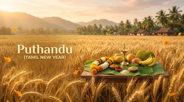 Puthandu tamil new year festival celebration with traditional food on a leaf plate in a wheat field
