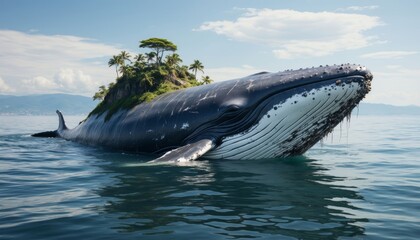 Naklejka premium A large whale emerges from the water, its body appearing as a floating island with trees. The whale glides smoothly on the calm water, reflecting the surrounding scenery.
