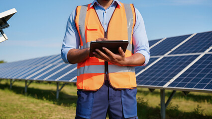 solar panel installation, A technician stands near solar panels, The worker uses a digital tablet, A specialist monitors the system, Data is checked on a screen, Maintenance is performed outdoors © Jakub