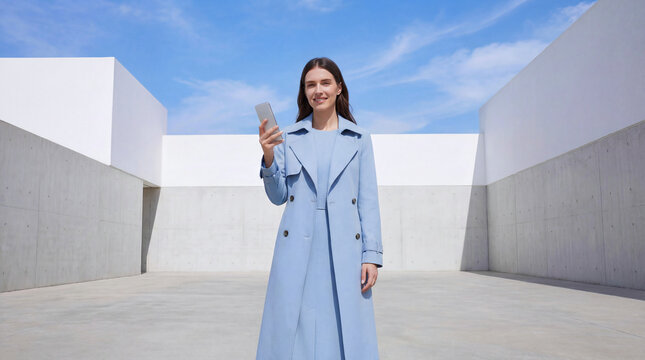 Smiling young woman in a stylish blue coat holding a smartphone in a minimalist modern concrete courtyard, white walls and clear blue sky background, concept for business technology, digital finance
