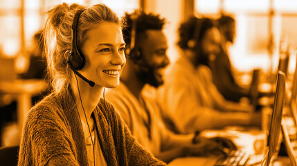 Fototapeta premium close up customer care team in warm office setting showing communication support and teamwork in modern call center workspace with professional client service concept