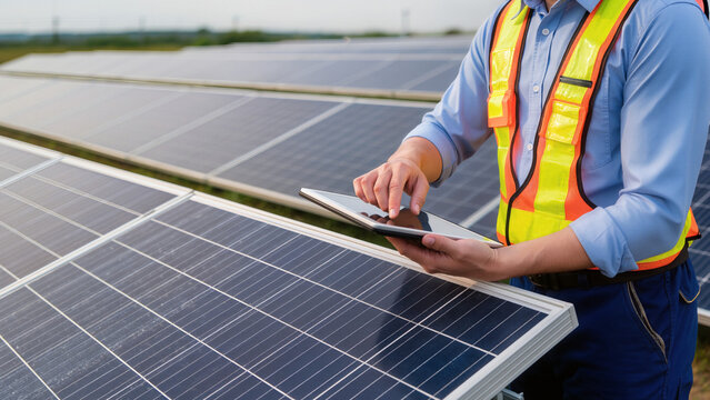 solar panel installation, The technician uses a digital tablet, Green energy production is shown, Sustainable technology is in focus, The worker performs a system check, The setting is a power farm