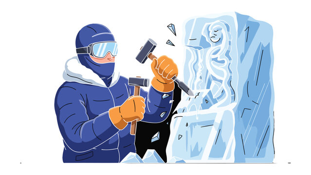 The Art of Ice Sculpting: A focused artisan uses chisel and hammer to delicately sculpt an ice creation, transforming a block of ice into a stunning work of art. 