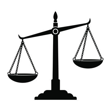 A black silhouette of a balance scale with two empty plates hanging from chains on either side.