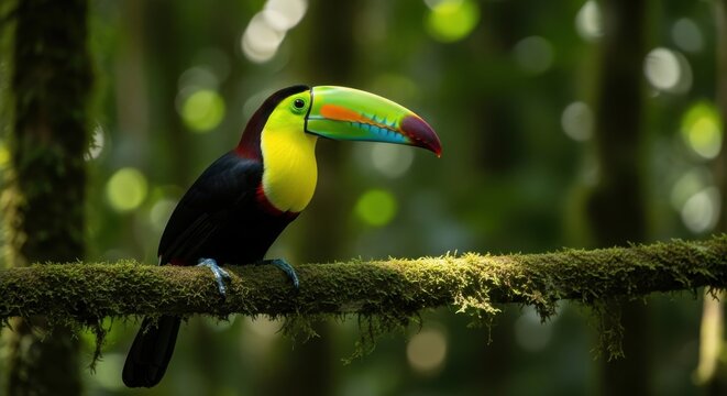 A vibrantly colored Keel-billed Toucan perches on a moss-covered branch in a lush tropical rainforest setting, showcasing its magnificent plumage and unique beak.