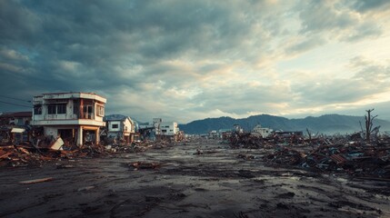Obraz premium Devastation after natural disaster, aftermath of earthquake or tsunami