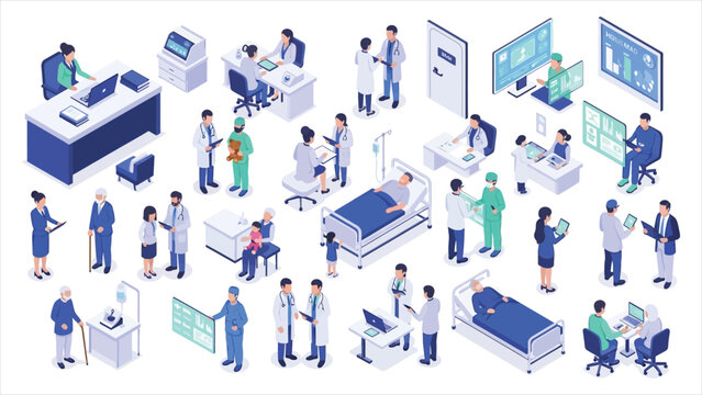 Isometric Healthcare Illustration &ndash; Doctors, Medical Workers, Patients, Hospital Reception, and Technology in Medical Settings, Vector Concept