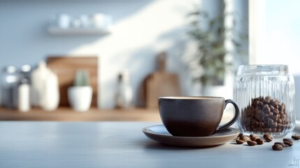 Fototapeta premium Aromatic coffee cup on a bright kitchen countertop, evoking relaxation