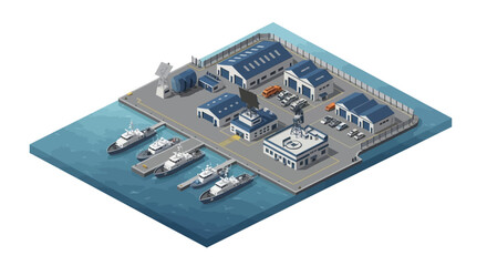 Obraz premium Isometric illustration of a military base with aircraft, tanks, and buildings on a blue platform surrounded by water with several boats docked at the side.